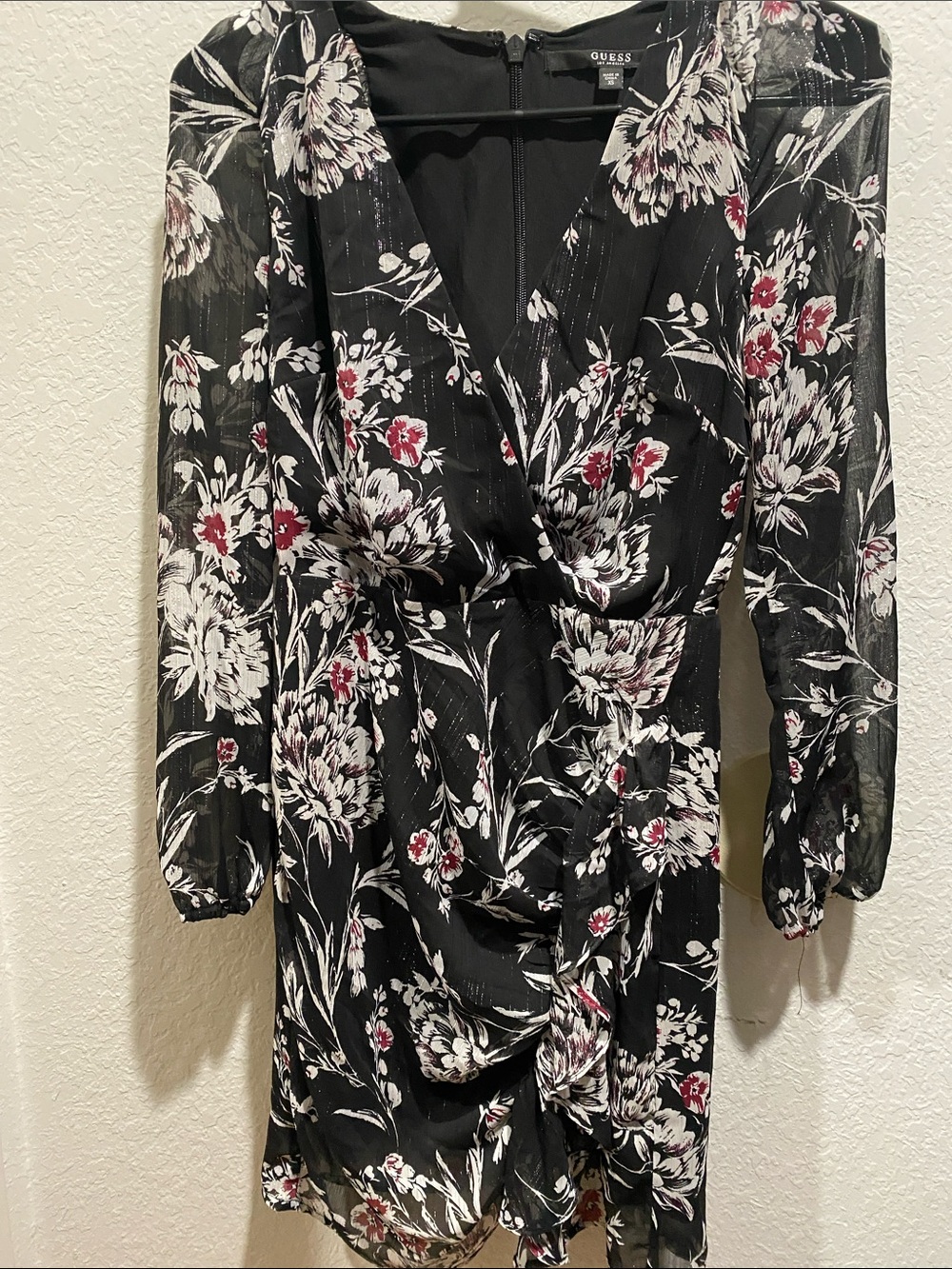 Guess Black Floral Mini Dress with White and Red Flowers